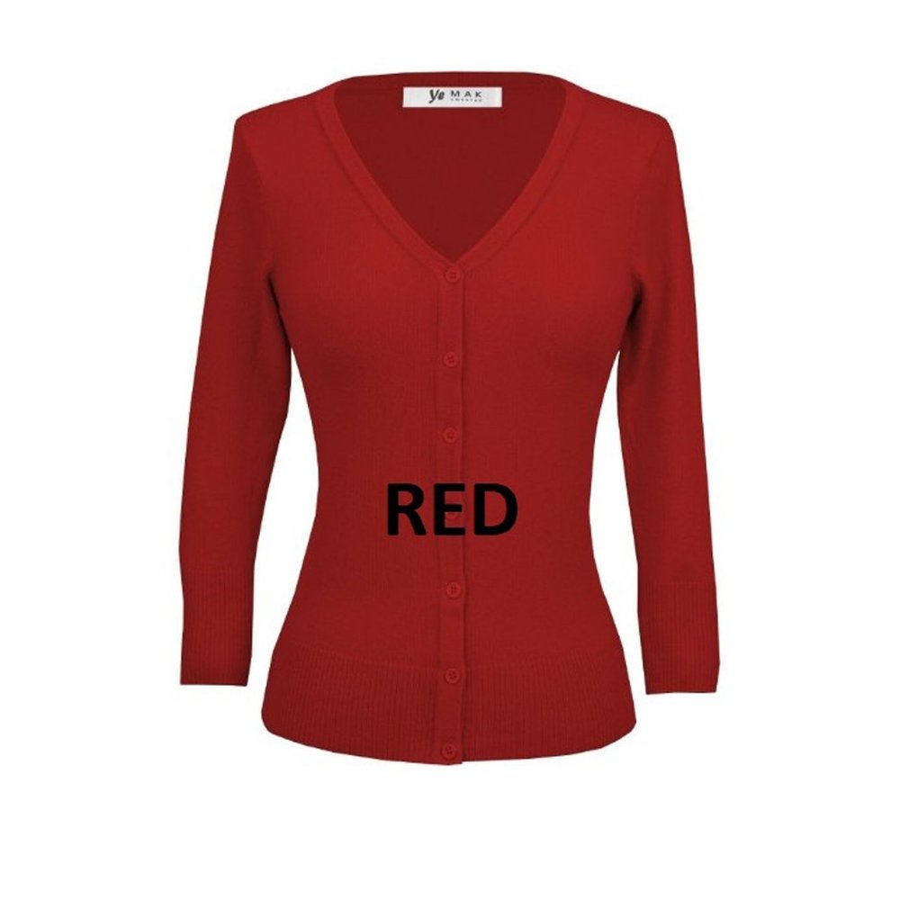 Women's 3/4 Sleeve V-Neck Button Down Knit Cardigan Sweater Red color